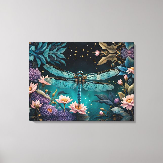 Dragonfly in a floral garden at night canvas print (Front)