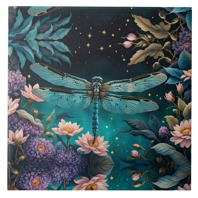Dragonfly in a floral garden at night ceramic tile (Front)