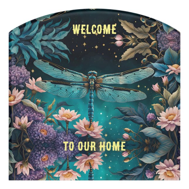 Dragonfly in a floral garden at night door sign (Contour Front)