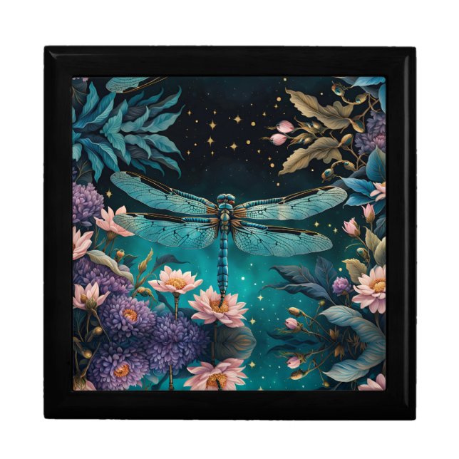 Dragonfly in a floral garden at night gift box (Front)