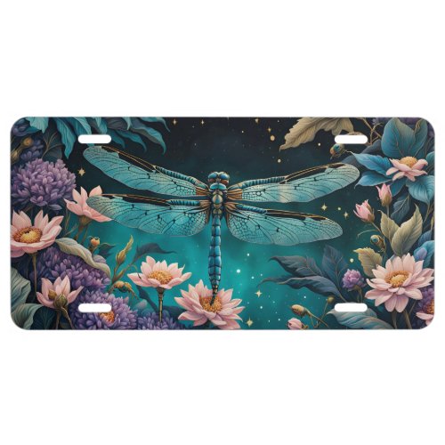 Dragonfly in a floral garden at night license plate