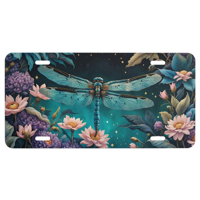 Dragonfly in a floral garden at night license plate (Front)