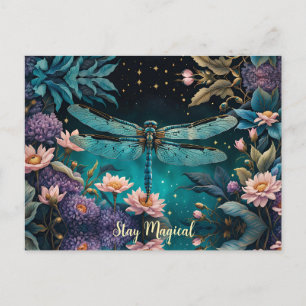 Dragonfly in a floral garden at night postcard