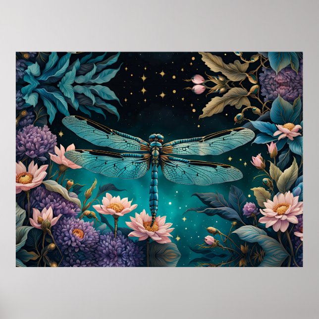 Dragonfly in a floral garden at night poster (Front)