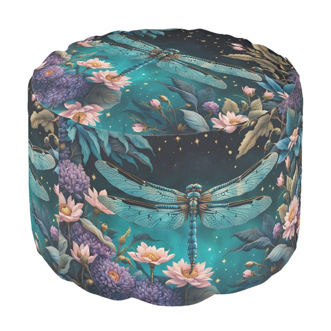 Dragonfly in a floral garden at night pouf (Angled Back)