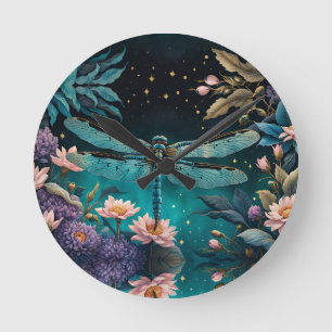 Dragonfly in a floral garden at night round clock