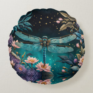 Dragonfly in a floral garden at night round pillow