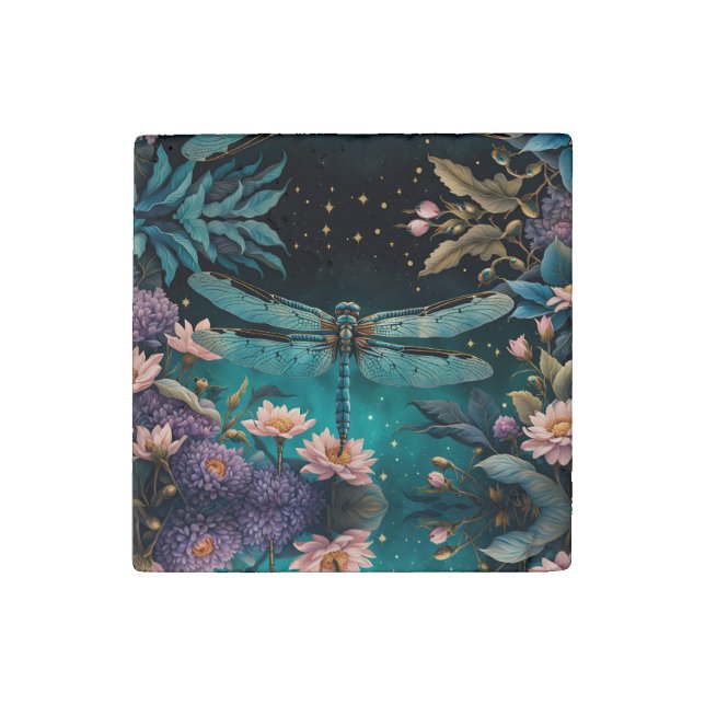 Dragonfly in a floral garden at night stone magnet (Front)