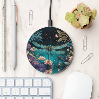 Dragonfly in a floral garden at night wireless charger