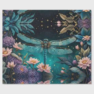 Dragonfly in a floral garden at night wrapping paper