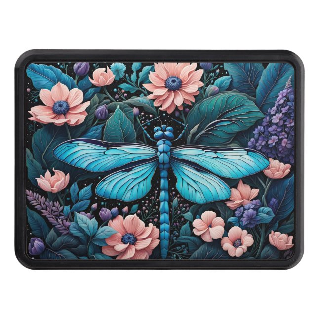 Dragonfly in a flower garden at night hitch cover (Front)
