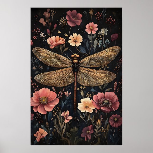 Dragonfly In Dark Flower Garden, Moody Dragonfly Poster (Front)