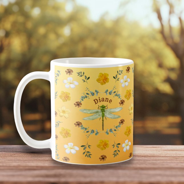 Dragonfly in Gold, Green, Yellow Flowers Coffee Mug (Creator Uploaded)