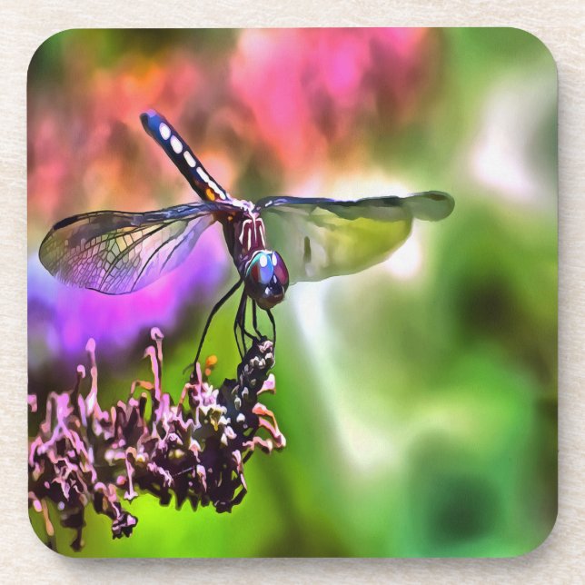 Dragonfly In Green and Blue Realistic Painting Beverage Coaster (Front)