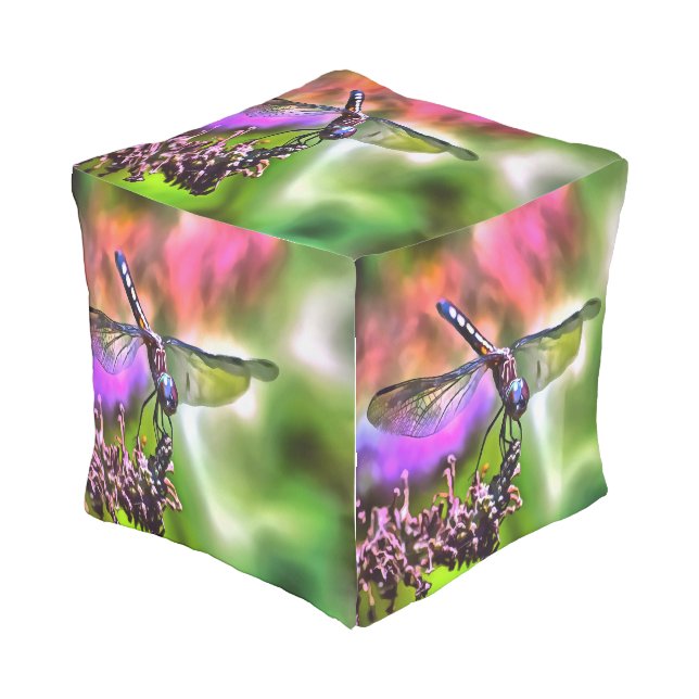 Dragonfly In Green and Blue Realistic Painting Outdoor Pouf (Angled Front)