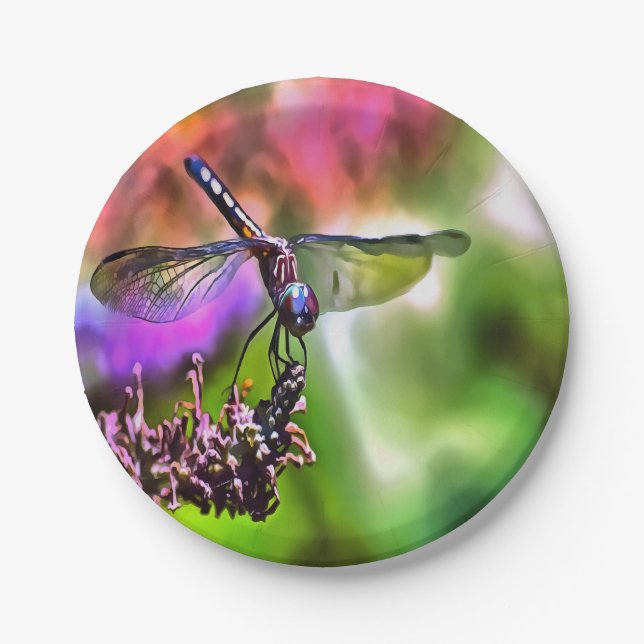 Dragonfly In Green and Blue Realistic Painting Paper Plates (Front)