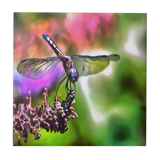 Dragonfly In Green and Blue Realistic Painting Tile (Front)
