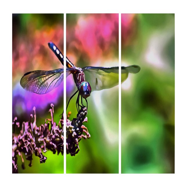 Dragonfly In Green and Blue Realistic Painting Triptych (Front)