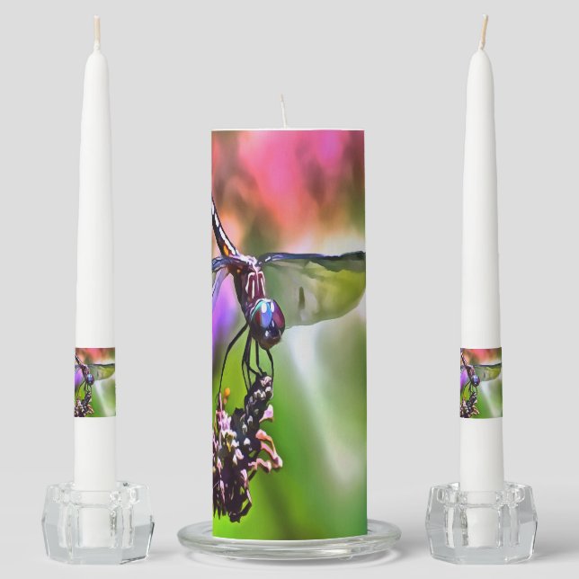 Dragonfly In Green and Blue Realistic Painting Unity Candle Set (Front)