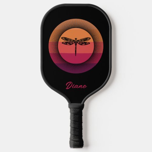 Dragonfly in Retro Sunset with Name Pickleball Paddle