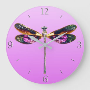 Dragonfly in Silver, Gold, Purple and Black Large Clock