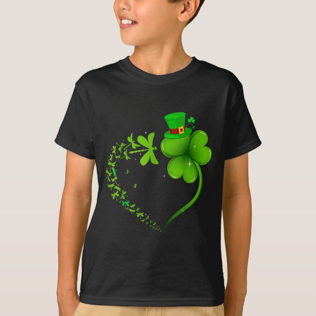 Dragonfly Irish Shamrock Heart Happy St Patrick's  T-Shirt (Front)