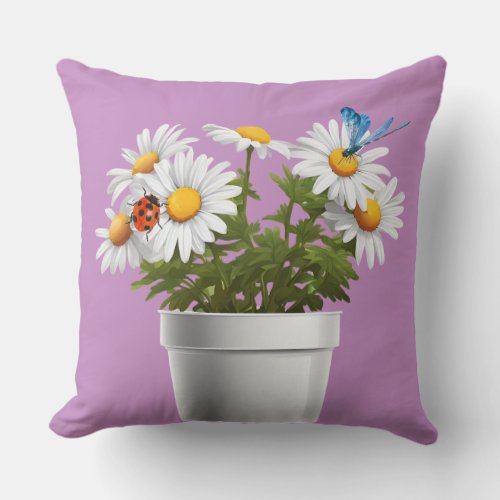 Dragonfly  Lady Bug Daisy In Potted Throw Pillow