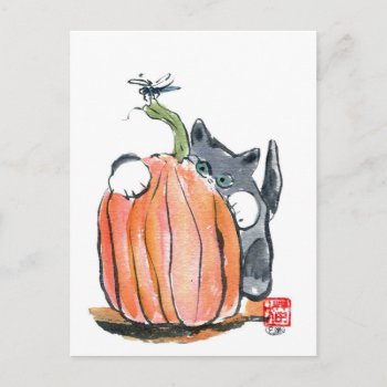 Dragonfly Leads Kitten Through The Pumpkin Patch Postcard by Nine_Lives_Studio at Zazzle