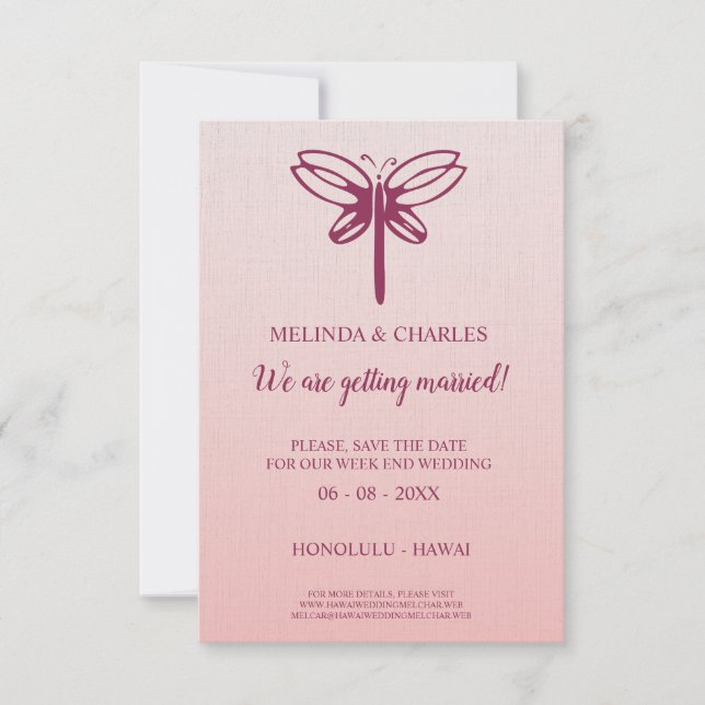 Dragonfly Logo in Burgundy on Gradient for Wedding Save The Date (Front)