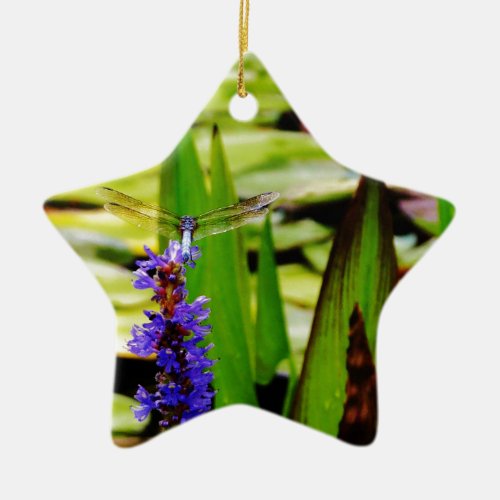 Dragonfly lotus and purple flower ceramic ornament