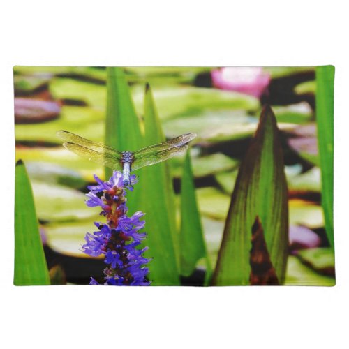 Dragonfly lotus and purple flower cloth placemat