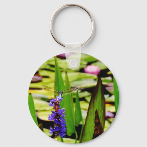 Dragonfly lotus and purple flower keychain