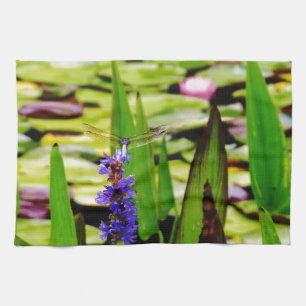 Dragonfly lotus and purple flower kitchen towel