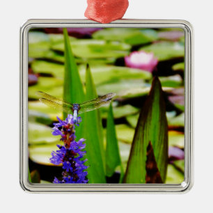 Dragonfly lotus and purple flower metal ornament