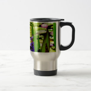 Dragonfly lotus and purple flower travel mug