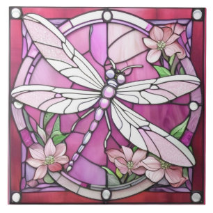Dragonfly Magenta Pink and White Stained Glass Ceramic Tile