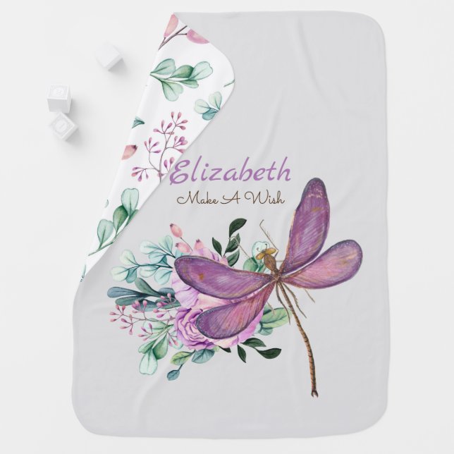 Dragonfly Make A Wish Purple NAMED New Baby Gift Baby Blanket (In Situ)