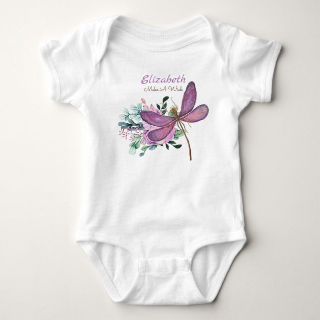 Dragonfly Make A Wish Purple NAMED New Baby Gift Bodysuit (Front)