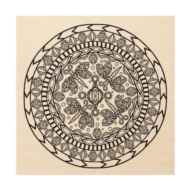 Dragonfly Mandala Pattern Abstract Aztec Tribal Wood Wall Art (Front)