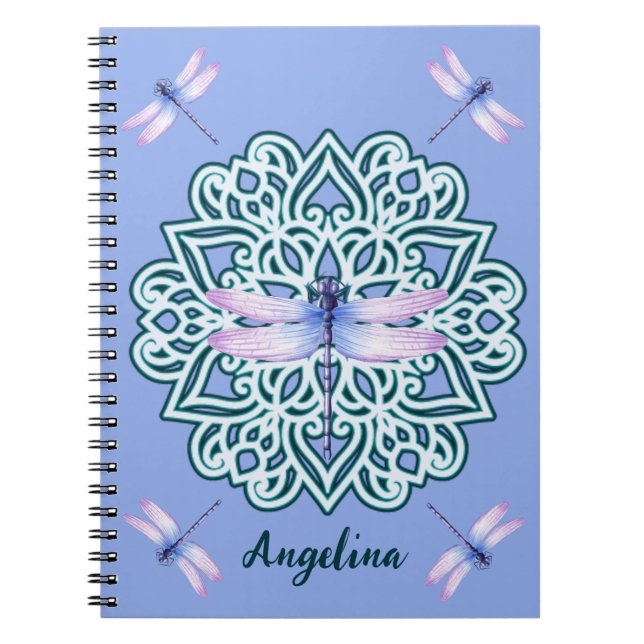 Dragonfly Mandala Purple Monogram Script Name Notebook (Front)
