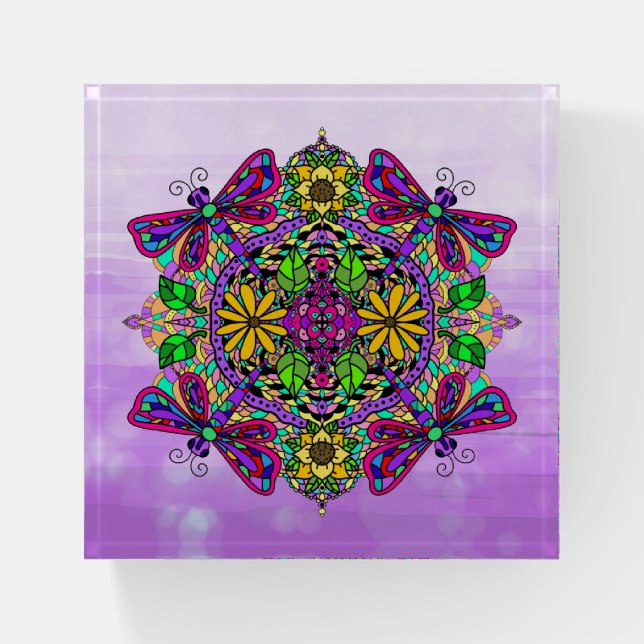 Dragonfly Mandala Whimsical Hand Drawn  Paperweight (Front)