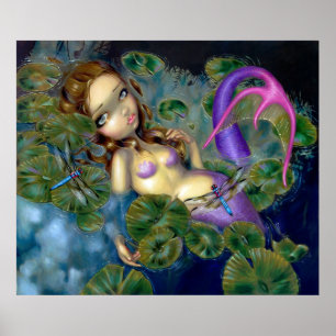 Dragonfly Mermaid ART PRINT fantasy waterlilies