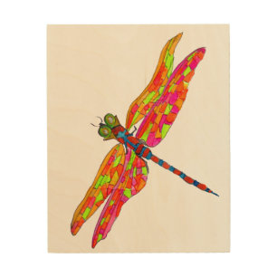 Dragonfly neon watercolor illustration wood wall art
