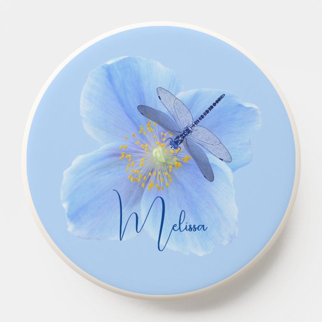 Dragonfly on Blue Poppy Flower Personalized  PopSocket (Popsocket)