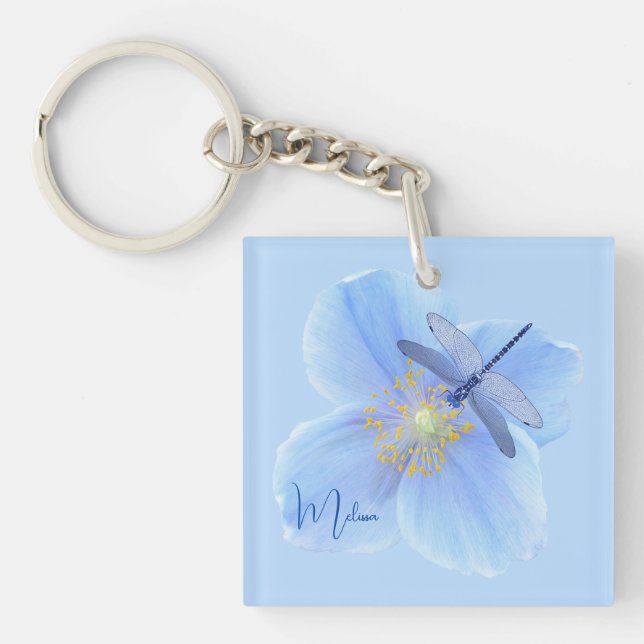 Dragonfly on Blue Poppy Keychain Keyring (Front)