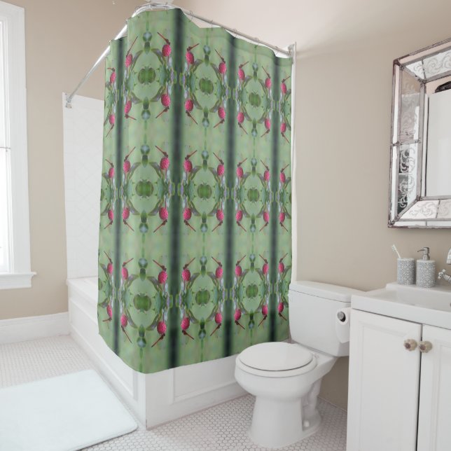 Dragonfly On Dogwood Fruit Abstract Pattern Shower Curtain (In Situ)