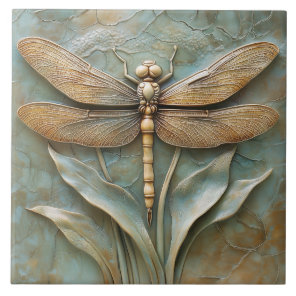 Dragonfly on Grass Faux Relief  Ceramic Tile