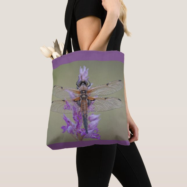 Dragonfly On Purple Flower Tote Bag (Close Up)