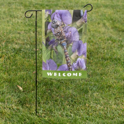 Dragonfly on Purple Flowers Welcome Garden Flag