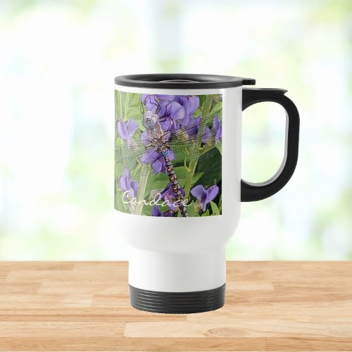 Dragonfly on Purple Flowers with Name Travel Mug